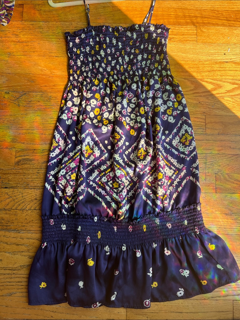 Moda International 100% Silk Smocked Floral Sundress – Navy Boho Midi Small